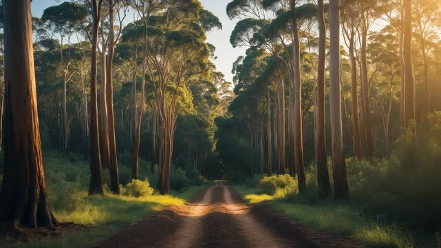 videosque view of a wooded trail winding through a forest.