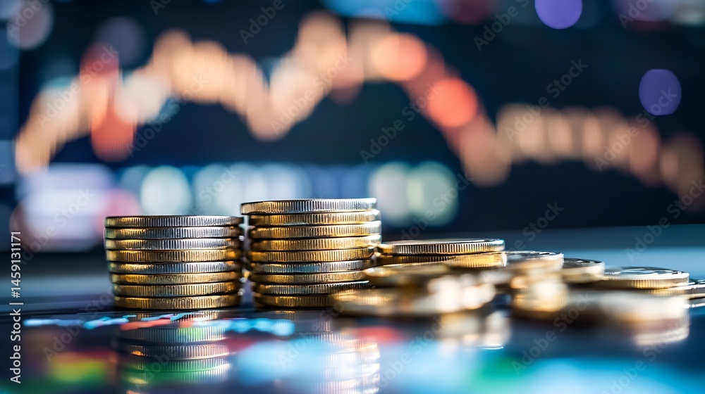 Aufkleber stacks of gold coins sit on a reflective surface against a blurred backdrop of a stock market chart 