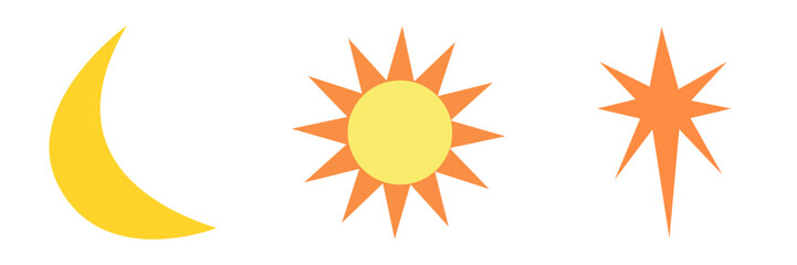Flat sun, moon and star icons in soft warm tones.