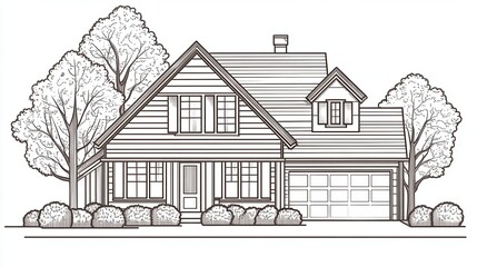 Illustration of suburban house with gabled roof and two trees. Great for real estate, architecture, or home design projects.