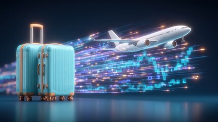 Hightech travel luggage and airplane with digital global insights