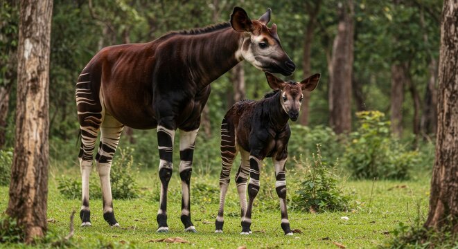 A pair of okapis in a forested habitat.
