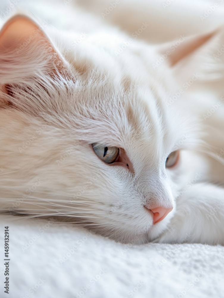 Poster close-up portrait of a serene white cat resting peacefully on a soft, light-colored surface, showcas