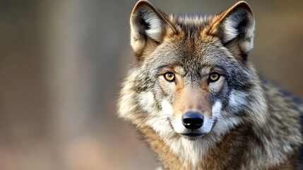 Fototapeta premium Close-up portrait of a majestic red wolf, its amber eyes piercing, fur a mix of gray, brown, and reddish hues, set against a softly blurred forest background. : Generative AI