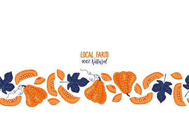 Horizontal Seamless Pumkin border with vegetables and leaves. Pumpkin border with organic local farm food. Hand drawn vector illustration for card, invitation, market. Harvest festival background.