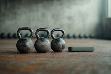Yoga Block and Kettlebells Sitting on Workout Room Floor