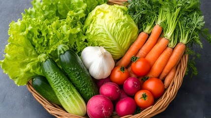 An assortment of fresh, vibrant vegetables in a woven basket.
