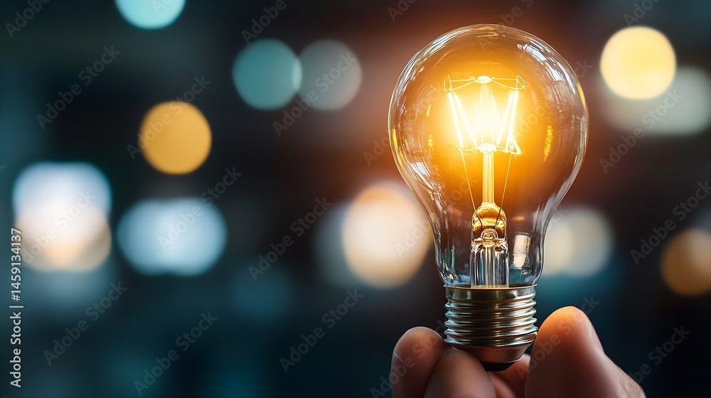Poster close-up of a hand holding a glowing incandescent light bulb against a bokeh background of warm and 