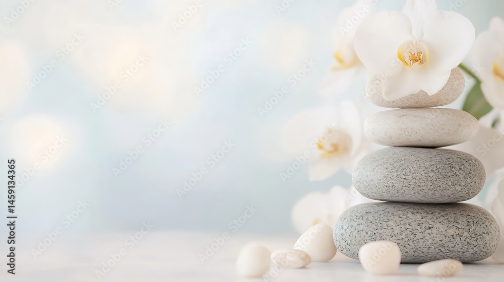 Leinwandbilder serene spa scene featuring a stack of smooth, gray and white stones, adorned with delicate white orc