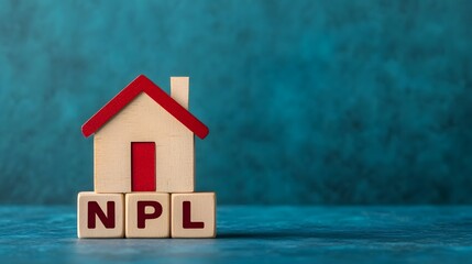 Fototapeta na wymiar A wooden house model and NPL blocks demonstrate real estate and financial concerns. long_title:A miniature wooden house model sits next to a stack of