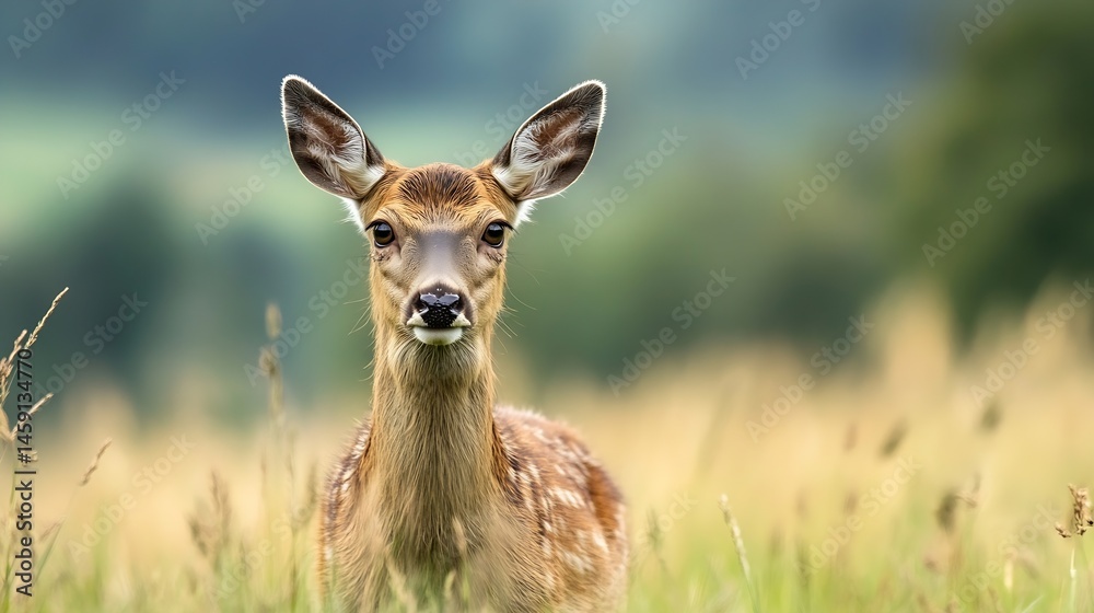 Poster young fallow deer fawn standing in a field of tall grass, looking directly at the camera. its coat i