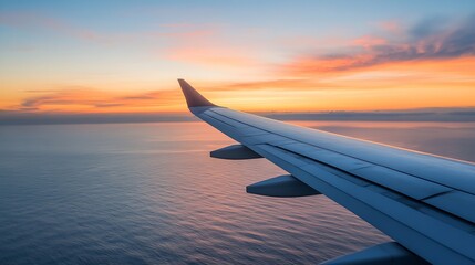 Obraz premium Airplane wing view during sunset over ocean, showcasing vibrant orange and pink hues in the sky, with calm blue water below. : Generative AI