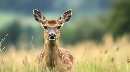 Young fallow deer fawn standing in a field of tall grass, looking directly at the camera.  Its coat is light brown with white spots, and its large ears are pointed upwards. : Generative AI