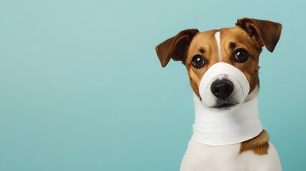 Friendly dog with medical bandage around neck