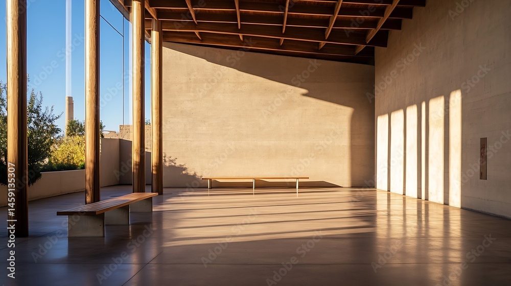Poster modern architecture interior with wooden benches and sunlit concrete floor, featuring large glass wi