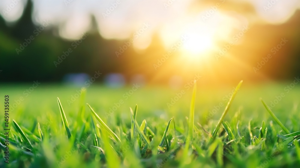 Poster close-up view of vibrant green grass blades illuminated by warm sunset light, creating a tranquil an