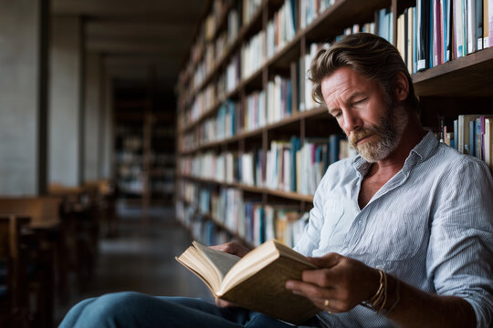  A young adult immersed in reading alone in a peaceful library corner.
