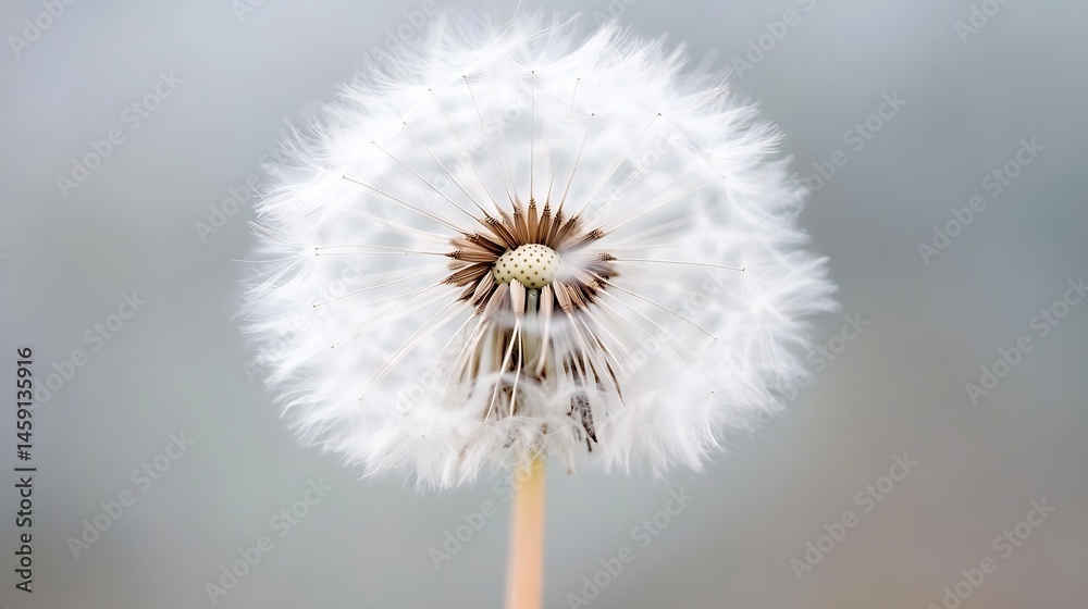 Poster close-up view of a delicate dandelion seed head, showcasing its intricate structure and fluffy white