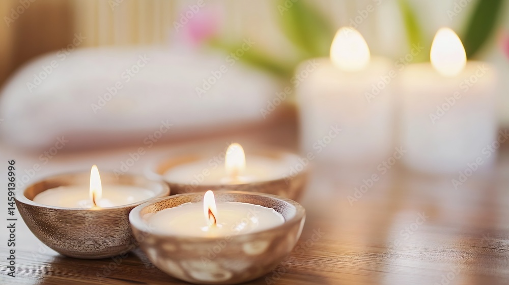 Fototapete three lit candles in wooden bowls rest on a warm-toned wooden surface, creating a serene and peacefu