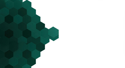 Fototapeta premium Modern geometric background with emerald green hexagon pattern on white. Diagonal split design creates clean professional look with varying shades of teal and dark green tiles.