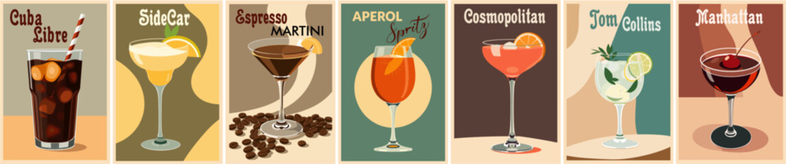 Cocktails retro poster set. Aperol Spritz, Sidecar, Cosmopolitan, Manhattan. Collection of popular alcohol drinks. Vintage flat vector illustrations for bar, pub, restaurant, kitchen wall art print