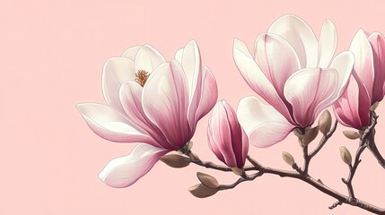 Obraz premium Magnolia branch with blooming pink flowers on a light pink background. Perfect for adding elegant floral design to your creative projects.