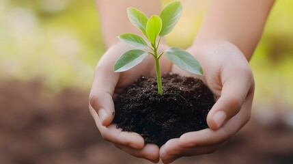 Hands holding a young plant, nurturing the environment