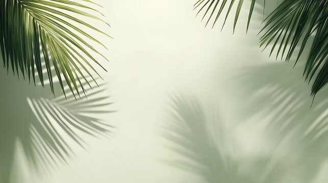 Light and shadow play of tropical leaves on a pale background.