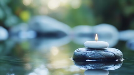 Serene scene of a lit candle resting atop smooth grey stones floating gently on calm, teal water, with a blurred green background suggesting a tranquil natural setting. : Generative AI