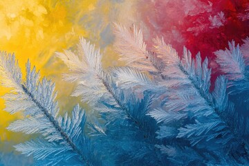 Intricate frost patterns on a windowpane, showcasing a vibrant blend of blue, yellow, and red hues.