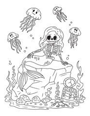 Skeleton Mermaid and Jellyfish – Underwater Spooky Line Art Coloring Page