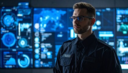 Focused individual in dark uniform stands in front of high tech screens displaying data and analytics, conveying sense of authority and vigilance