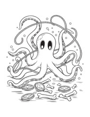 Ghostly Octopus – Underwater Spooky Summer Line Art Coloring Page
