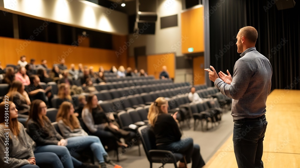 Poster a male speaker presents to a large audience in a lecture hall, actively engaging with his presentati