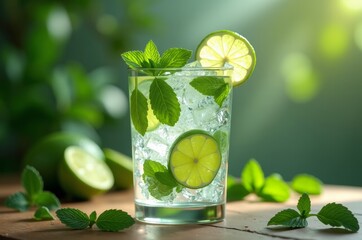 A refreshing drink with lemon slices and mint leaves on ice