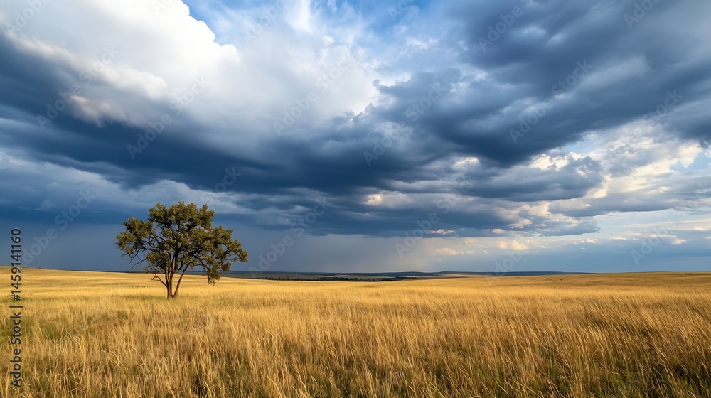 Poster lone tree stands in golden field under a dramatic, dark sky, showcasing a vast prairie landscape wit