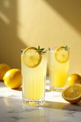 Fototapeta premium Glass of fresh made lemonade on the table, summer refreshing drink, detox, diet and healthy lifestyle concept. 
