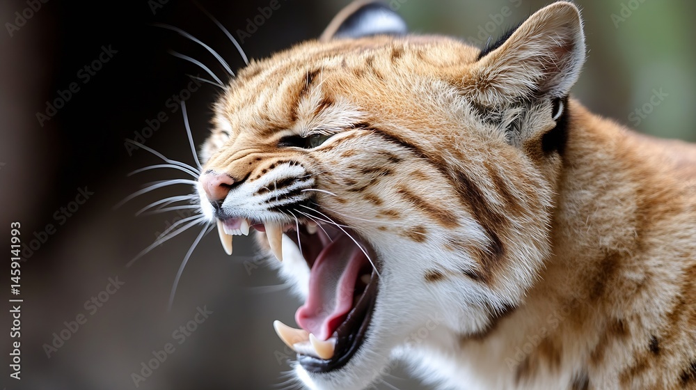 Poster Close-up profile of a bobcat with its mouth open, showing sharp teeth and pink tongue.  The bobcat's fur is a mix of light and dark brown, with white fur around its mouth. : Generative AI