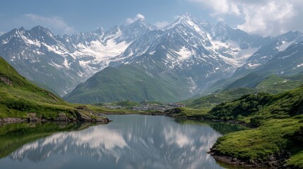 Fototapeta premium Serene Alpine Lake Reflecting Snow Capped Mountains