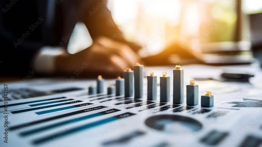 Poster Close-up view of a miniature bar graph chart on financial documents, symbolizing business growth and success, with a blurred background of a person working. : Generative AI