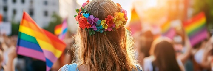 Blond woman wearing flower crown, holding rainbow flag during pride parade, supporting lgbtq community with vibrant pride celebration