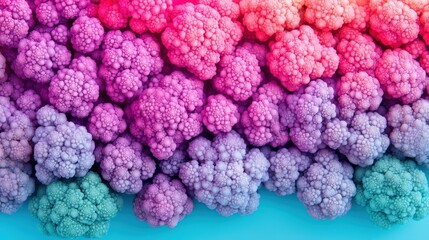 Vibrant, multicolored cauliflower heads arranged in a gradient pattern, blending pink, purple, and teal hues against a blue background.