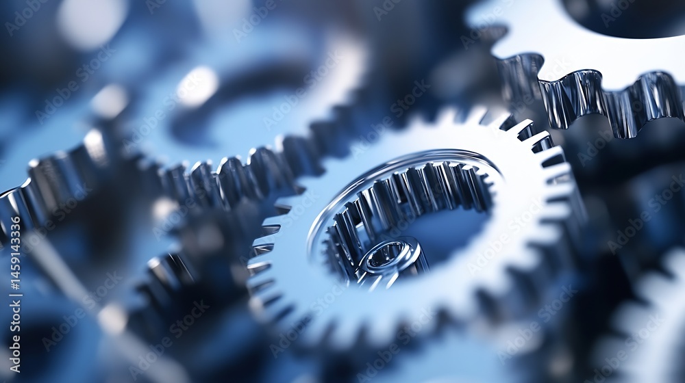 Aufkleber Close-up view of intricate metallic gears, precisely interlocking, showcasing a complex mechanism of polished steel cogs in a deep blue tone. : Generative AI