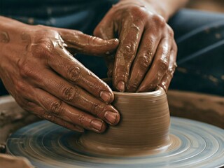 Macro of a potter hands shaping clay on a wheel