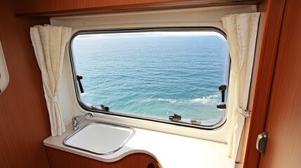 A small bathroom in a caravan with a sink and a window. The window is open and the view outside is of a forest. Motorhome.