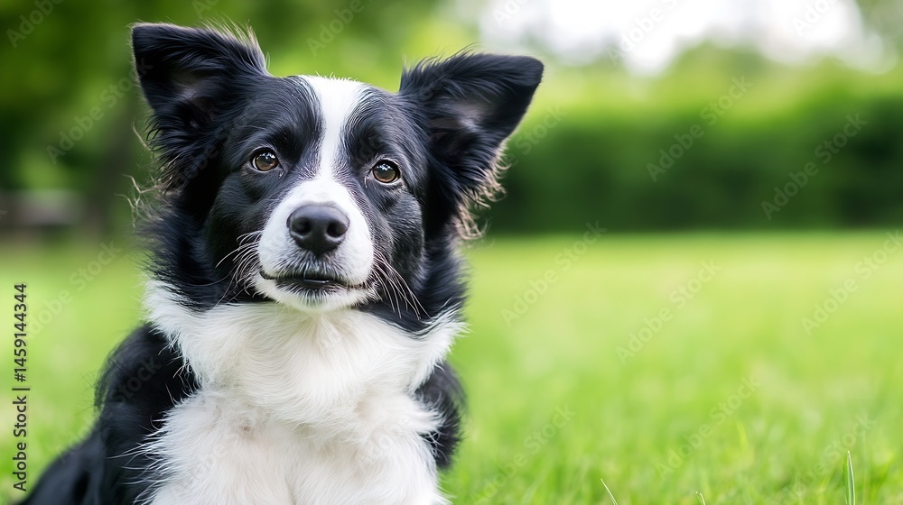 Aufkleber portrait of a beautiful border collie dog sitting in the grass, looking directly at the camera with 