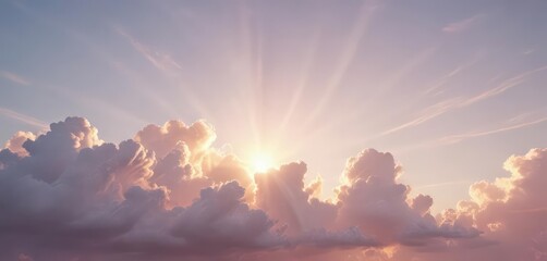 Soft pastel clouds, vibrant sun rays breaking through, summer, design