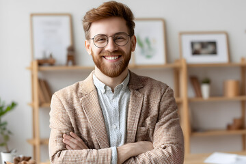 Naklejka premium Smiling young man with glasses, casual style in cozy workspace, relaxed atmosphere perfect for personal branding or team profiles.