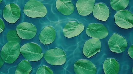 Green leaves floating on clear blue water, creating a serene and refreshing natural pattern.