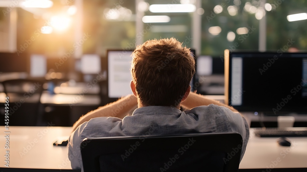 Aufkleber a young man relaxes in his office chair, back to the camera, bathed in the warm glow of the setting 